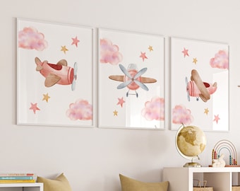 Pink Airplane Art, Baby Airplane Decor, Baby Girl Nursery Airplane, Plane Nursery Prints, Kids Airplane Wall Art, Aviation Nursery Decor
