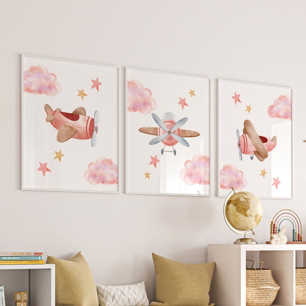 Pink Airplane Art, Baby Airplane Decor, Baby Girl Nursery Airplane, Plane Nursery Prints, Kids Airplane Wall Art, Aviation Nursery Decor