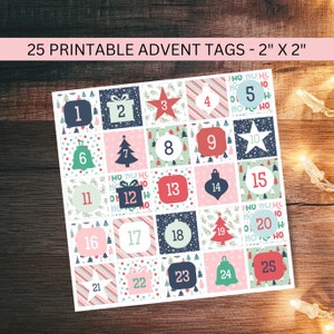 Printable Advent Calendar Tags Square 2x2 Inches, DIY Advent Number Labels Kids, Christmas Countdown 25 Tags, Xmas Instant Download PDF