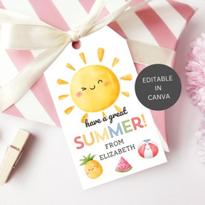 Etiqueta de presente de fim de ano letivo para alunos, para impressão, editável, para crianças, férias de verão, diversão, digital, modelo para download de agradecimento ao professor