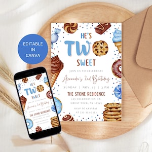 May include: A blue and white birthday invitation with the text "He's Two Sweet" and a colourful illustration of sweets. The invitation includes the details of the birthday party, including the date, time, and location. The text "Join us to celebrate Alexander's 2nd Birthday" is also included.