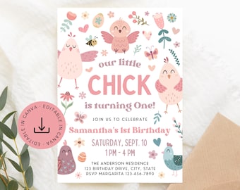 Our Little Chick is One Birthday Invite Editable, Chicken Spring First Birthday Party Invitation, Easter 1st Birthday Printable Template