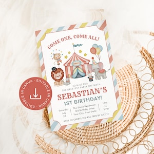Circus Birthday Invitation Editable Template, Printable Boy Circus Themed 1st Bday Invite, Carnival Theme Party, Instant Digital Download