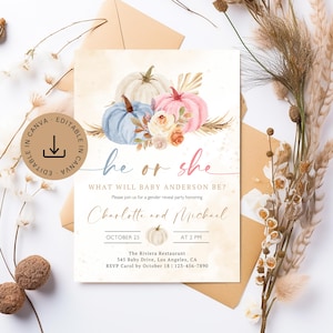May include: A gender reveal invitation card with watercolour pumpkins in pastel shades of blue, pink, and white, with floral decorations. The text reads "He or She" and invites guests to a party. Includes event details and RSVP information.