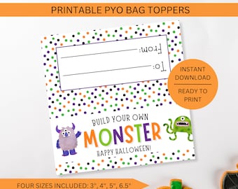 Può includere: Topper per sacchetti regalo stampabili a tema mostri per una festa di Halloween. I topper presentano uno sfondo a pois colorati con una grafica di mostro e il testo "Costruisci il tuo mostro Buon Halloween!" Sono inclusi quattro formati: 3 pollici, 4 pollici, 5 pollici e 6,5 pollici.