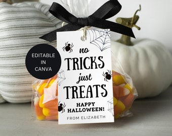 No Tricks Just Treats Editable Halloween Favor Tag, Coworker Or Kid Halloween Party Printable Candy Label, Instant Digital Download Template