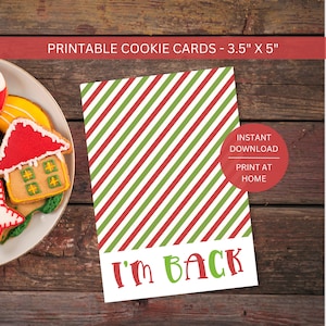 I'm Back Elf Cookie Card Backer, afdrukbare mini-kerstkoekje downloadbaar 3,5 x 5 inch, traktatieverpakking, instant digitale download pdf