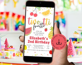 Two-tti Frutti Birthday Electronic Invite Editable Twotti Frutti, Tutti Second Bday Digital Invitation, Fruit Theme Summer Party Text Evite