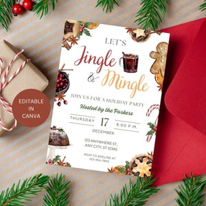 Jingle and Mingle Invitation Editable, Holiday Office Work Cocktail Party Printable Invite, Christmas Brunch Dinner Invite, Digital Download