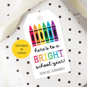 Étiquette-cadeau lumineuse année scolaire étudiant classe étiquette aux crayons de couleur modifiable, imprimable premier jour, modèle de retour à l'école, téléchargement de début d'année scolaire