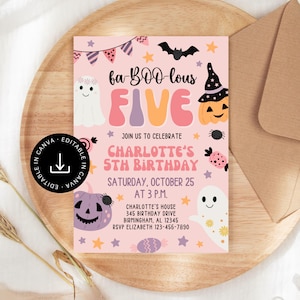 May include: A rectangular birthday invitation card with a light pink background featuring Halloween-themed illustrations including ghosts, a jack-o'-lantern, a bat, stars, and sweets. The text reads fa-BOO-lous FIVE, Charlotte's 5th Birthday, Saturday, October 25 at 3 P.M., Charlotte's house, 345 Birthday Drive, Birmingham, AL 12345, RSVP Elizabeth 123-456-7890.