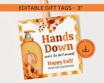 Etiqueta editable para regalo de jabón de otoño, etiqueta imprimible de agradecimiento para jabón líquido Hands Down, etiqueta de agradecimiento de Acción de Gracias (descarga instantánea)