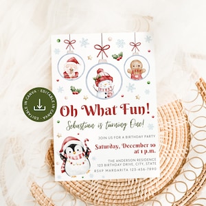 Oh What Fun One Invitation, Christmas First Birthday Invite Editable Template, Boy Girl December 1st Birthday Printable, Instant Download
