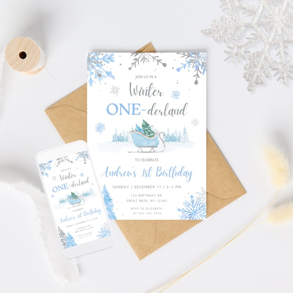 Winter Onederland Birthday Boy Editable Party Invitation, First Wonderland Snow Invite Printable Template, Mobile Evite Digital