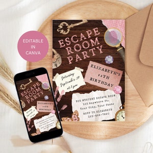 Op de afbeelding: Een printbare uitnodiging voor een escape room feest. De uitnodiging heeft een bruine houten achtergrond met een roze en witte kleurstelling. De tekst op de uitnodiging luidt "Escape Room Party" en "Elizabeth's 12th Birthday".