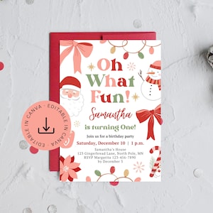 Christmas First Birthday Invite Editable, Pink Oh What Fun Invitation, Coquette Girl 1st Bday December Party Printable Birthday Template