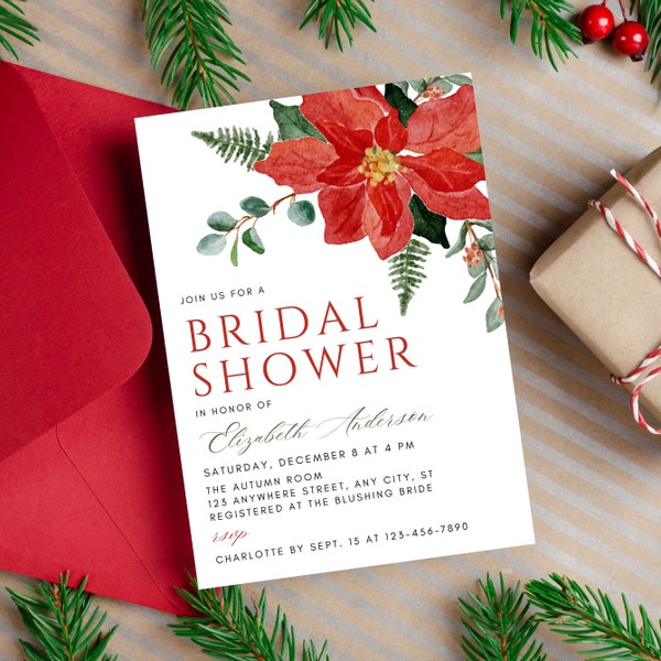 Winter Bridal Shower Invitation Editable, Floral Christmas Theme Wedding Shower Invite Printable Holiday Template, Instant Digital Download