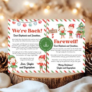 Puede incluir: Dos tarjetas navideñas con diseños festivos. Una tarjeta dice "We're Back!" y la otra "Farewell!". Ambas tarjetas presentan ilustraciones de elfos, bordes de bastones de caramelo y saludos navideños. Las tarjetas están sobre una superficie de madera.