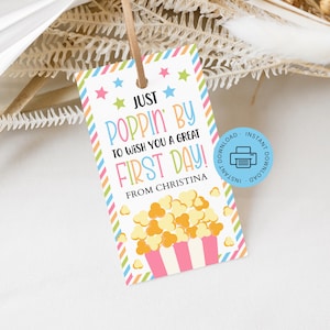 First Day of School Popcorn Tag Editable, Welcome Back Teacher Staff Gift Label, Poppin&#39; By Appreciation Instant Digital Download Template