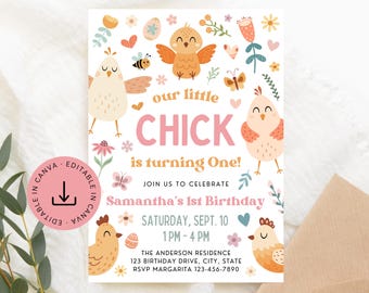 Our Little Chick is One Birthday Invite Editable, Chicken Spring First Birthday Party Invitation, Easter 1st Birthday Printable Template