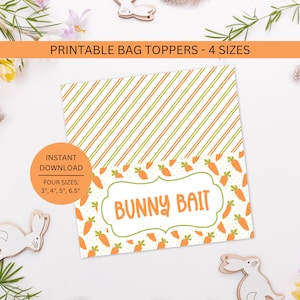 Könnte beinhalten: Druckbare Tütenaufleger mit einem diagonalen Streifenmuster in Orange und Grün. Der untere Bereich zeigt ein Karottenmuster und die Worte "BUNNY BAIT". Die Aufleger sind in vier Größen erhältlich: 7.6 cm, 10.2 cm, 12.7 cm und 16.5 cm.