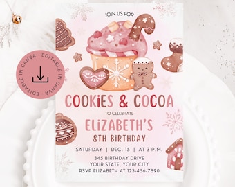 May include: A rectangular invitation card featuring a watercolor illustration of a cupcake with marshmallows, a gingerbread person, and various cookies. The text reads JOIN US FOR COOKIES & COCOA TO CELEBRATE ELIZABETH'S 8TH BIRTHDAY, SATURDAY, DEC. 15, AT 3 P.M.