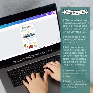 Pu&ograve; includere: Un laptop mostra un modello di invito di compleanno colorato con un tema del treno. L'invito recita "Choo Choo! Alexander compie 3 anni" con grafica di treni. Le istruzioni su come utilizzare il modello sono a destra.