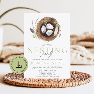 May include: A white card with a green and white nest design. The text on the card reads "Join us for a Nesting Party. Gift your time to help parents-to-be Jessica & Steve prepare their home for a family of three. Sunday, April 9 at 11 a.m. The Miller Residence, 345 Stork Drive, Your State, Your City. RSVP Elizabeth at 123-456-7890."