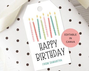 Etiqueta de Feliz Aniversário Editável para Imprimir, Etiqueta de Presente Personalizada para Crianças, Etiqueta Personalizada Fofa para Download Digital Instantâneo