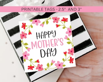 Mother's Day Cookie Tag Printable Floral 2.5 Inches, Downloadable Happy Mothers Day Flower Square 3 Inch Gift Label Instant Digital Download
