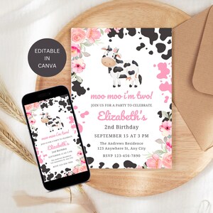 Moo Moo Im Two Invitation Birthday Party Editable, Printable Girl I&#39;m 2 Cow Theme Second Birthday Invite Template, Digital Download Evite