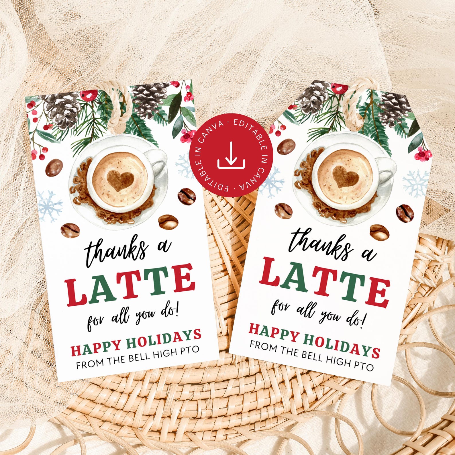 Thanks a Latte Christmas Coffee Tag Editable, Teacher Holiday Gift ...