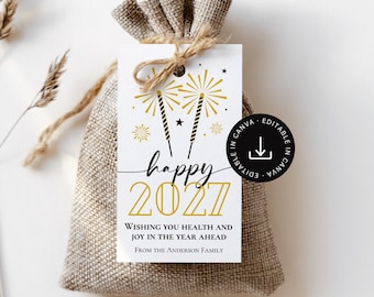 Editable New Year's Gift Tag: New Year's Eve Happy 2027 Party Favor Label Template (Instant Digital Download File)