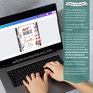 K&ouml;nnte beinhalten: Ein Willkommens-Schild-Template f&uuml;r eine Babyparty mit dem Text &bdquo;Ahoy! Es ist ein Junge&ldquo; mit einem Leuchtturm, einem Kompass und einem Anker. Das Template ist mit Text und Farben anpassbar. Das Schild ist als digitaler Download verf&uuml;gbar.