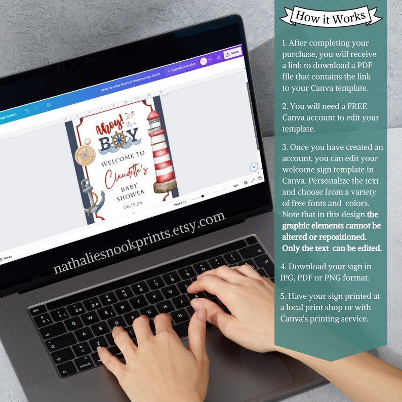 K&ouml;nnte beinhalten: Ein Willkommens-Schild-Template f&uuml;r eine Babyparty mit dem Text &bdquo;Ahoy! Es ist ein Junge&ldquo; mit einem Leuchtturm, einem Kompass und einem Anker. Das Template ist mit Text und Farben anpassbar. Das Schild ist als digitaler Download verf&uuml;gbar.