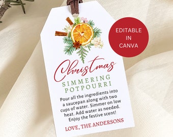 Simmering Christmas Stovetop Potpourri Tag Printable, Editable Homade Holiday Potpourri Gift Label, Instant Digital Download Template