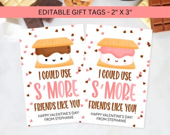 May include: Two white gift tags, 2" x 3", with a s'more graphic. One s'more has a chocolate filling, the other has a pink filling. Text reads "I could use s'more friends like you!" and "Happy Valentine's Day!"