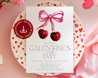 Galentine's Day Party Invitation Editable, Printable Cherry Bow Galentines Brunch Invite Coquette, Instant Digital Download Template