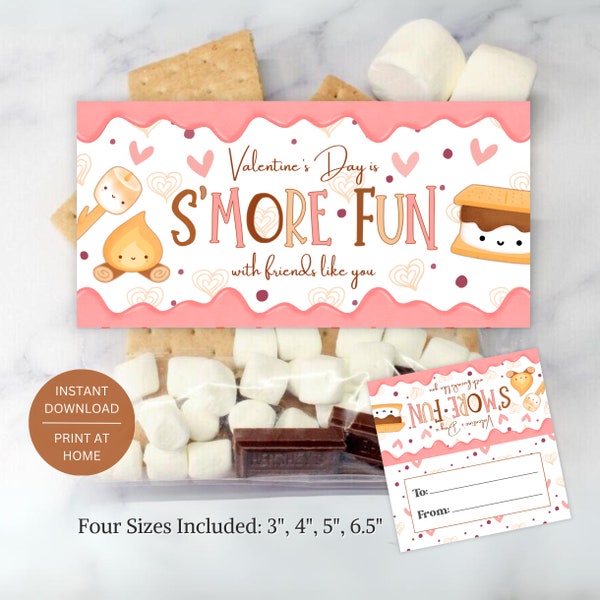 S'more Valentine Printable Bag Toppers, Smore Kit Class Happy Valentine's Day, Kids Treat Favor Tags Instant Digital Download