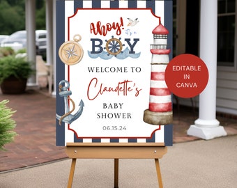 Ahoy Its a Boy Welcome Sign for Baby Shower, Editable Ahoy It's a Boy Themed Printable Template, Navy Red Nautical Theme Digital Download