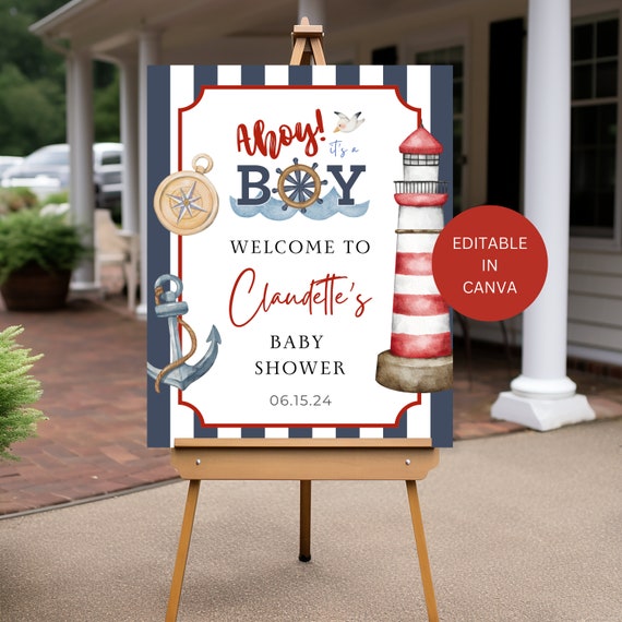 Ahoy Its a Boy Welcome Sign for Baby Shower, Editable Ahoy It's a Boy Themed Printable Template, Navy Red Nautical Theme Digital Download