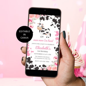 Moo Moo Im Two Digital Invite Birthday Party Editable, Girl I&#39;m 2 Cow Theme Second Birthday Invitation Instant Download, Evite Template