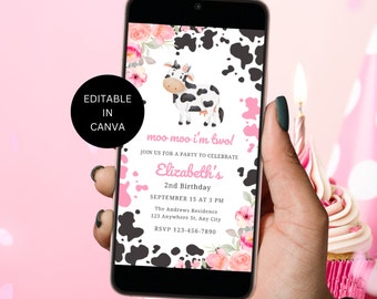 Invito digitale per festa di compleanno "Moo Moo Im Two", modificabile, invito per il secondo compleanno a tema mucca "Girl I'm 2" con download immediato, modello Evite