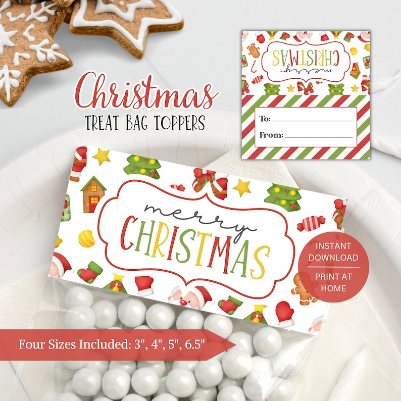May include: Printable Christmas treat bag toppers with a red and green striped design. The toppers feature a white background with a festive pattern of Christmas trees, candy canes, and ornaments. The text "merry CHRISTMAS" is written in a red, yellow, and green font. The toppers are available in four sizes: 3 inches, 4 inches, 5 inches, and 6.5 inches.
