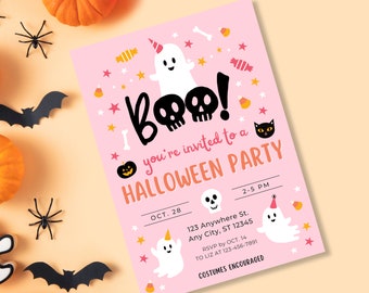 Editable Pink Halloween Party Invitation for Kids Canva Template, Instant Digital Download Printable