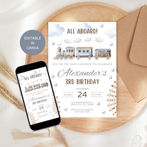 Könnte beinhalten: Eine Geburtstagseinladung mit einer Aquarell-Zugillustration. Die Einladung lautet "All Aboard!" und "Alexander's 3. Geburtstag" mit Datum und Uhrzeit. Ein Smartphone zeigt das gleiche Design.
