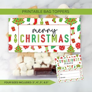 Merry Christmas Bag Toppers Printable, Holiday Cookie Treats Candy Class Gift, Kids Goodie Xmas Smores Party Favor, Instant Digital Download