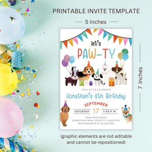 May include: Printable invitation template for a 4th birthday party with a paw-ty theme. The invitation features a colorful design with dogs, balloons, and a banner that says "let's paw-ty". The text on the invitation says "Join us to celebrate Jonathan's 4th Birthday" and includes the date, time, and location of the party.