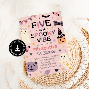 May include: A pink Halloween-themed birthday invitation with the text "FIVE - is a - SPOOKY VIBE". The invitation includes illustrations of ghosts, pumpkins, bats, and stars. The text reads "Elizabeth's 5th Birthday" with event details.