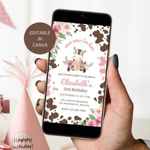 Moo Moo Im Two Digital Invite Birthday Party Editable, Girl I&#39;m 2 Cow Theme Second Birthday Invitation Instant Download, Evite Template